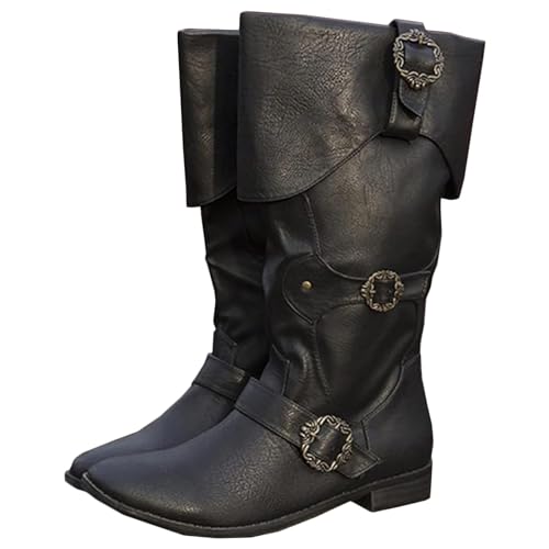 Mittelalterliche Ritterstiefel für Erwachsene Cosplay - Wikinger Retro Langschaft Leder Manschettenschuhe - PU Leder Stiefel Renaissance Plus Size Stiefel Schuhe mit Gürtelschnalle,Schwarz,42(35) von duzhengzhou