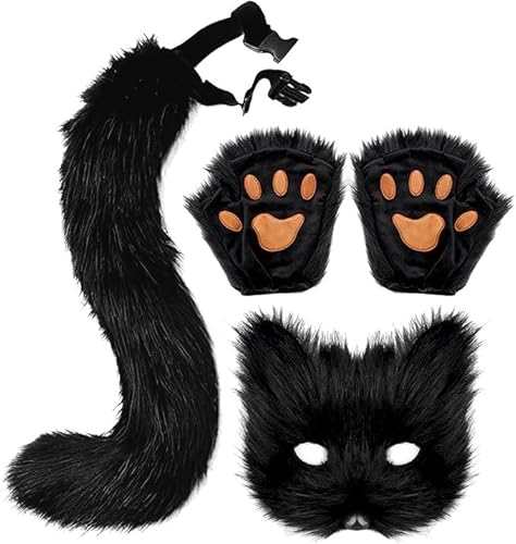 duzhengzhou Katze Therian Maske und Schwanz Handschuhe Set, Kunstpelz Katze Wolf Cosplay Kostüm Set, Frauen Halloween Kostüm, Cosplay Tier Party Kostüm(Black) von duzhengzhou