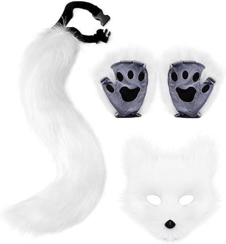 duzhengzhou Katze Therian Maske und Schwanz Handschuhe Set, Kunstpelz Katze Wolf Cosplay Kostüm Set, Frauen Halloween Kostüm, Cosplay Tier Party Kostüm(White) von duzhengzhou