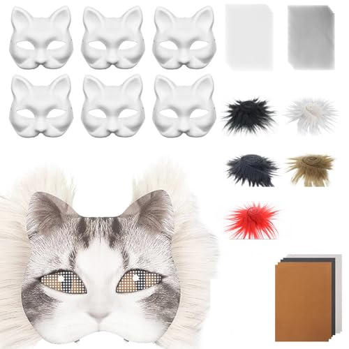 dwxnauixl Katzenmaske Halloween Set mit Filzstoffblatt und Fell Kit Blanko Katze mit Stoffblatt Kunstaugen Netz DIY Papier Katzenmasken, E von dwxnauixl