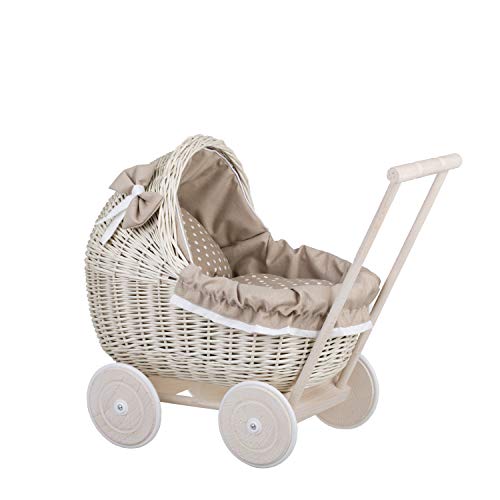 e-wicker24 Alles aus Weide Puppenwagen aus Weide mit Bettwäsche perfekte Geschenkidee Korbpuppenwagen schöner Spielzeug aus Korbgeflecht Korbwagen für Puppen Spielzeug für Mädchen (Beige 1) von e-wicker24 Alles aus Weide