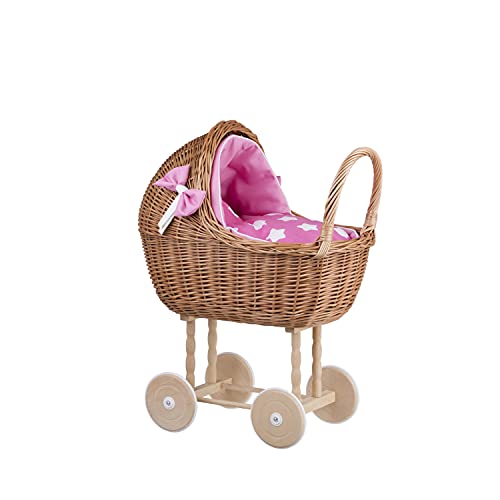 e-wicker24 Alles aus Weide Puppenwagen aus Weide mit Bettwäsche perfekte Geschenkidee Korbpuppenwagen schöner Spielzeug aus Korbgeflecht Korbwagen für Puppen Spielzeug für Mädchen (Natur, Pink1) von e-wicker24 Alles aus Weide