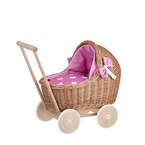 e-wicker24 Alles aus Weide Puppenwagen aus Weide mit Bettwäsche perfekte Geschenkidee Korbpuppenwagen schöner Spielzeug aus Korbgeflecht Korbwagen für Puppen Spielzeug für Mädchen (Pink) von e-wicker24 Alles aus Weide