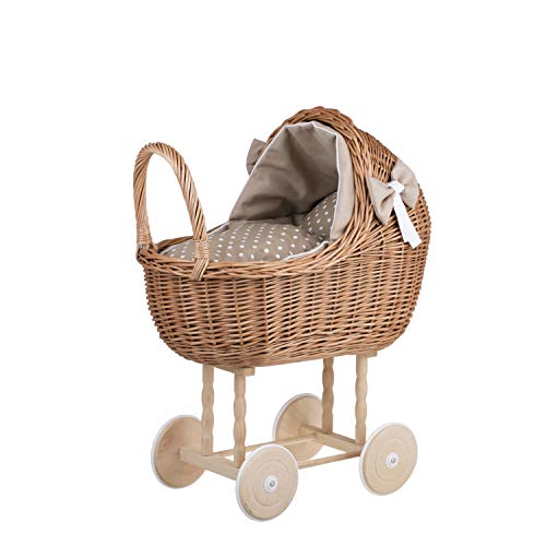 e-wicker24 Puppenwagen aus Weide mit Bettwäsche perfekte Geschenkidee Korbpuppenwagen schöner Spielzeug aus Korbgeflecht Korbwagen für Puppen Spielzeug für Mädchen (Natur, Beige) von e-wicker24 Alles aus Weide