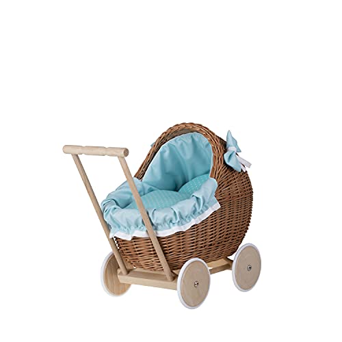 e-wicker24 Puppenwagen aus Weide mit Bettwäsche - perfekte Geschenkidee - Korbpuppenwagen, schöner Spielzeug aus Korbgeflecht (Mint) von e-wicker24 Alles aus Weide