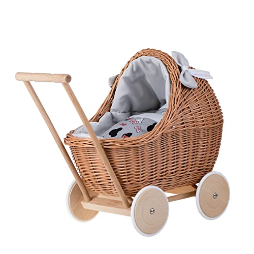 e-wicker24 Alles aus Weide Puppenwagen aus Weide mit Bettwäsche perfekte Geschenkidee Korbpuppenwagen schöner Spielzeug aus Korbgeflecht Korbwagen für Puppen Spielzeug für Mädchen (Grau) von e-wicker24 Alles aus Weide