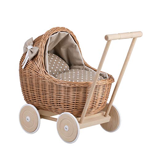 e-wicker24 Alles aus Weide Puppenwagen aus Weide mit Bettwäsche perfekte Geschenkidee Korbpuppenwagen schöner Spielzeug aus Korbgeflecht Korbwagen für Puppen Spielzeug für Mädchen (Beige) von e-wicker24 Alles aus Weide