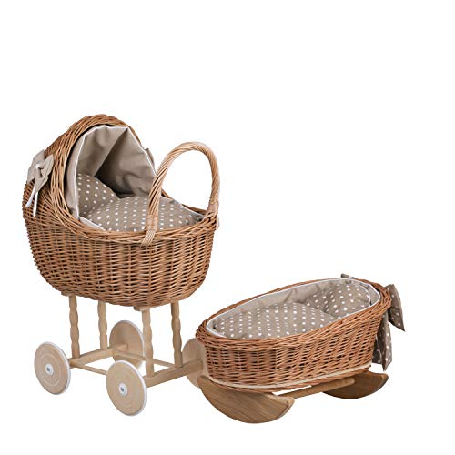 e-wicker24 Alles aus Weide Puppenwagen und Puppenwiege mit Bettwäsche perfekte Geschenkidee Korbpuppenwagen schöner Spielzeug aus Korbgeflecht Korbwiege für Puppen Spielzeug für Mädchen (Beige) von e-wicker24 Alles aus Weide