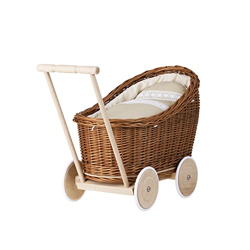 e-wicker24 Puppenwagen aus Weide mit Bettwäsche perfekte Geschenkidee Korbpuppenwagen schöner Spielzeug aus Korbgeflecht Korbwagen für Puppen Spielzeug für Mädchen (Beige) von e-wicker24 Alles aus Weide