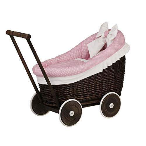 e-wicker24 Puppenwagen aus Weide mit Bettwäsche perfekte Geschenkidee Korbpuppenwagen schöner Spielzeug aus Korbgeflecht Korbwagen für Puppen Spielzeug für Mädchen (Dunkelbraun, Pink) von e-wicker24 Alles aus Weide