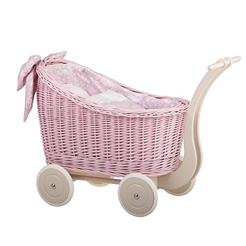 e-wicker24 Alles aus Weide Puppenwagen aus Weide mit Bettwäsche perfekte Geschenkidee Korbpuppenwagen schöner Spielzeug aus Korbgeflecht Korbwagen für Puppen Spielzeug für Mädchen (Pink) von e-wicker24 Alles aus Weide