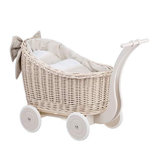 e-wicker24 Alles aus Weide Puppenwagen aus Weide mit Bettwäsche perfekte Geschenkidee Korbpuppenwagen schöner Spielzeug aus Korbgeflecht Korbwagen für Puppen Spielzeug für Mädchen (Beige) von e-wicker24 Alles aus Weide