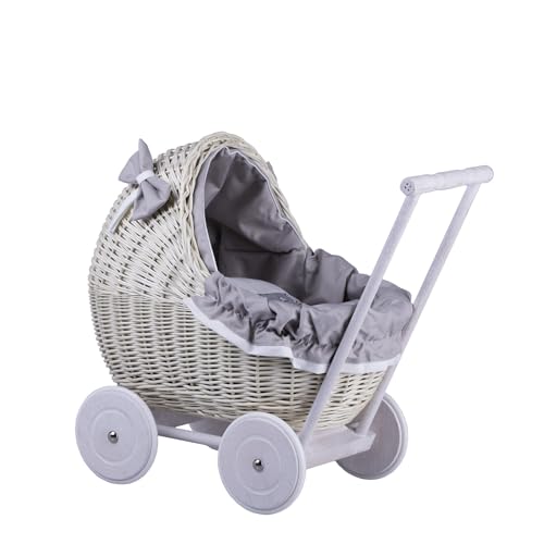 e-wicker24 Puppenwagen aus Weide, cremeweiß, Griff und Rollen aus Holz mit beigefarbenem und weißem Stoff (grau) von e-wicker24 Alles aus Weide