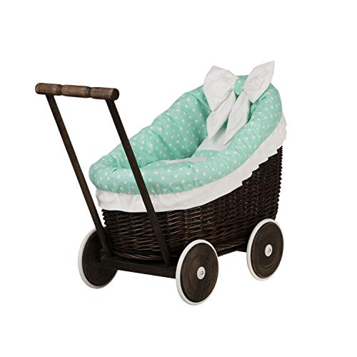 e-wicker24 Puppenwagen aus Weide mit Bettwäsche perfekte Geschenkidee Korbpuppenwagen schöner Spielzeug aus Korbgeflecht Korbwagen für Puppen Spielzeug für Mädchen (Dunkelbraun, Mint) von e-wicker24 Alles aus Weide