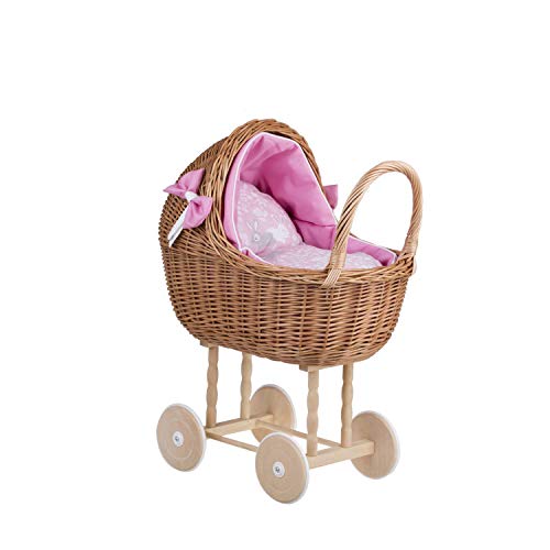 e-wicker24 Puppenwagen aus Weide mit Bettwäsche perfekte Geschenkidee Korbpuppenwagen schöner Spielzeug aus Korbgeflecht Korbwagen für Puppen Spielzeug für Mädchen (Natur, Pink) von e-wicker24 Alles aus Weide