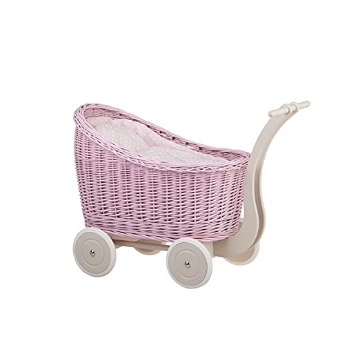 e-wicker24 Puppenwagen aus Weide mit Bettwäsche perfekte Geschenkidee Korbpuppenwagen schöner Spielzeug aus Korbgeflecht Korbwagen für Puppen Spielzeug für Mädchen (Pink 1) von e-wicker24 Alles aus Weide