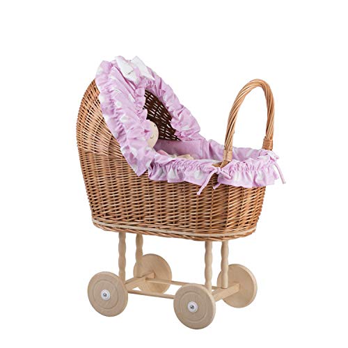 e-wicker24 Puppenwagen aus Weide mit Bettwäsche perfekte Geschenkidee Korbpuppenwagen schöner Spielzeug aus Korbgeflecht Korbwagen für Puppen Spielzeug für Mädchen (Pink 3) von e-wicker24 Alles aus Weide