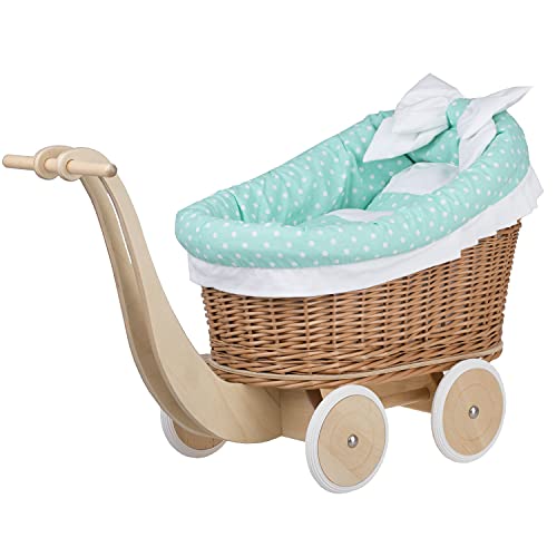 e-wicker24 Alles aus Weide Puppenwagen aus Weide mit Bettwäsche perfekte Geschenkidee Korbpuppenwagen schöner Spielzeug aus Korbgeflecht Korbwagen für Puppen Spielzeug für Mädchen (Schwan, Mint) von e-wicker24 Alles aus Weide