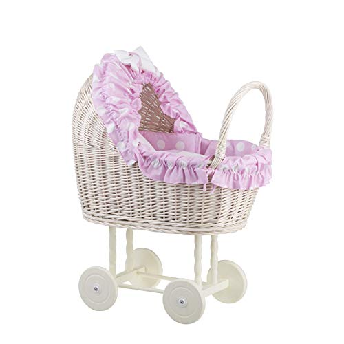 e-wicker24 Alles aus Weide Puppenwagen aus Weide mit Bettwäsche perfekte Geschenkidee Korbpuppenwagen schöner Spielzeug aus Korbgeflecht Korbwagen für Puppen Spielzeug für Mädchen (Pink) von e-wicker24 Alles aus Weide