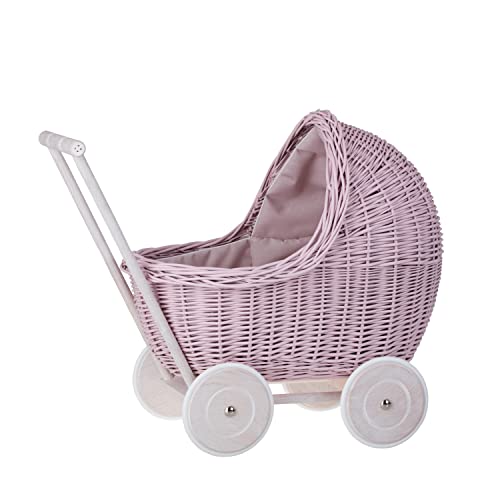 e-wicker24 Puppenwagen aus Weide mit Bettwäsche perfekte Geschenkidee Korbpuppenwagen schöner Spielzeug aus Korbgeflecht Korbwagen für Puppen Spielzeug für Mädchen (Pink) von e-wicker24 Alles aus Weide