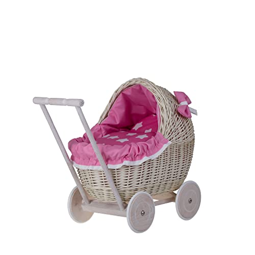 e-wicker24 Puppenwagen aus Weide mit Bettwäsche perfekte Geschenkidee Korbpuppenwagen schöner Spielzeug aus Korbgeflecht Korbwagen für Puppen Spielzeug für Mädchen (Pink 3) von e-wicker24 Alles aus Weide