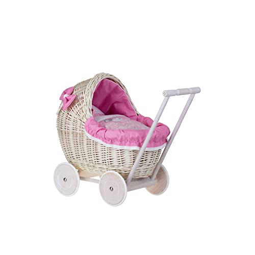 e-wicker24 Puppenwagen aus Weide mit Bettwäsche perfekte Geschenkidee Korbpuppenwagen schöner Spielzeug aus Korbgeflecht Korbwagen für Puppen Spielzeug für Mädchen (Pink 2) von e-wicker24 Alles aus Weide