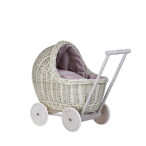 e-wicker24 Alles aus Weide Puppenwagen aus Weide mit Bettwäsche perfekte Geschenkidee Korbpuppenwagen schöner Spielzeug aus Korbgeflecht Korbwagen für Puppen Spielzeug für Mädchen (Pink 4) von e-wicker24 Alles aus Weide