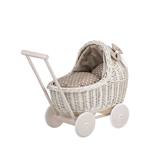 e-wicker24 Alles aus Weide Puppenwagen aus Weide mit Bettwäsche perfekte Geschenkidee Korbpuppenwagen schöner Spielzeug aus Korbgeflecht Korbwagen für Puppen Spielzeug für Mädchen (Beige) von e-wicker24 Alles aus Weide