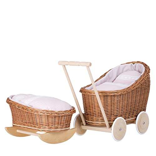 e-wicker24 Puppenwagen und Puppenwiege aus Weide mit Bettwäsche perfekte Geschenkidee Korbpuppenwagen schöner Spielzeug aus Korbgeflecht Korbwiege für Puppen Spielzeug für Mädchen (Pink) von e-wicker24 Alles aus Weide