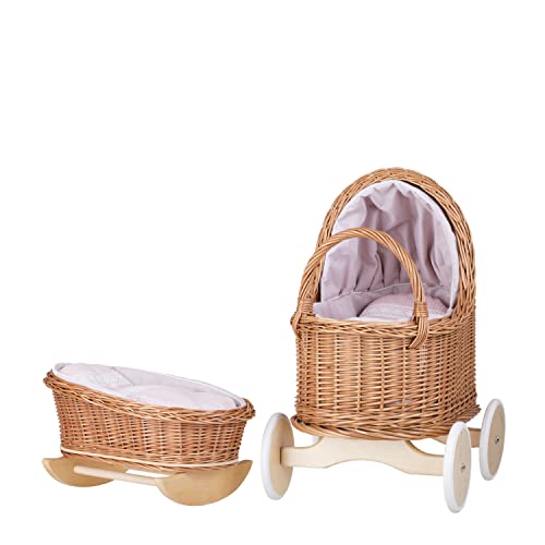 e-wicker24 Puppenwagen und Puppenwiege aus Weide mit Bettwäsche in Pink perfekte Geschenkidee schöner Spielzeug aus Korbgeflecht (Pink) von e-wicker24 Alles aus Weide