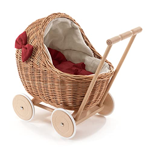 e-Wicker 24 DESAYER PUPPENWAGEN AUS WEIDE MIT LEINEN BETTWÄSCHE, Spielzeug AUS WEIDEN, NATÜRLICHE KINDERSPIELZEUG, EIN KINDERGESCHENK (Rot) von e-wicker24