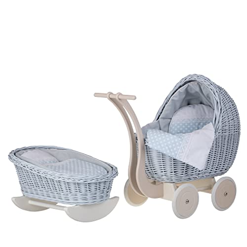 e-wicker24 Bettwäsche perfekte Geschenkidee Korbpuppenwagen schöner Spielzeug aus Korbgeflecht Korbwiege für Puppen Spielzeug für Mädchen (Baby Blue) von e-wicker24