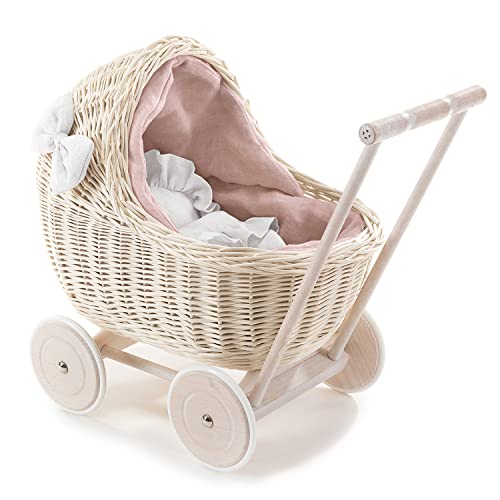 e-wicker24 DESAYER PUPPENWAGEN AUS WEIDE MIT LEINEN BETTWÄSCHE, Spielzeug AUS WEIDEN IN BEIGE, NATÜRLICHE KINDERSPIELZEUG, EIN Geschenk FÜR EIN Kind (weiß) von e-wicker24