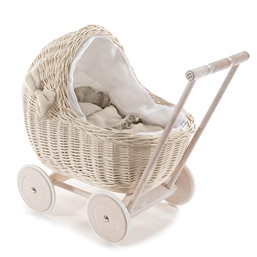 e-wicker24 DESAYER PUPPENWAGEN AUS WEIDE MIT LEINEN BETTWÄSCHE, Spielzeug AUS WEIDEN IN BEIGE, NATÜRLICHE KINDERSPIELZEUG, EIN Geschenk FUR EIN Kind (Natur), 48x28 H47 von e-wicker24