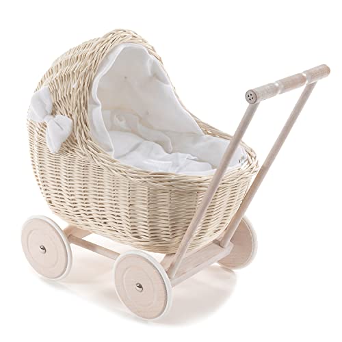 e-wicker24 DESAYER PUPPENWAGEN AUS WEIDE MIT LEINEN BETTWÄSCHE, Spielzeug AUS WEIDEN IN BEIGE, NATÜRLICHE KINDERSPIELZEUG, EIN Geschenk FUR EIN Kind (weiß) von e-wicker24