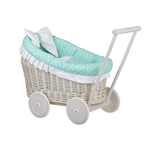 e-wicker24 Alles aus Weide Puppenwagen aus Weide mit Bettwäsche perfekte Geschenkidee Korbpuppenwagen schöner Spielzeug aus Korbgeflecht Korbwagen für Puppen Spielzeug für Mädchen (Creme, Mint) von e-wicker24 Alles aus Weide