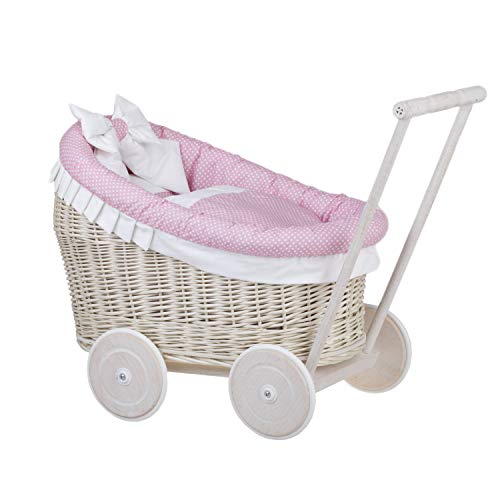 e-wicker24 Puppenwagen aus Weide mit Bettwäsche perfekte Geschenkidee Korbpuppenwagen schöner Spielzeug aus Korbgeflecht Korbwagen für Puppen Spielzeug für Mädchen (Creme, Pink) von e-wicker24 Alles aus Weide