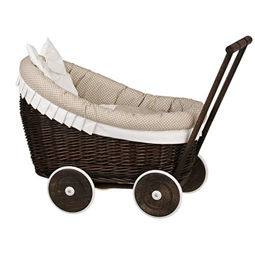 e-wicker24 Alles aus Weide Puppenwagen aus Weide mit Bettwäsche perfekte Geschenkidee Korbpuppenwagen schöner Spielzeug aus Korbgeflecht Korbwagen für Puppen Spielzeug für Mädchen (Dunkelbraun, Beige) von e-wicker24 Alles aus Weide