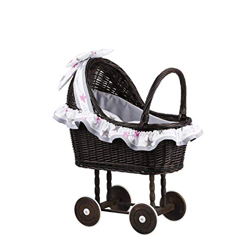 e-wicker24 Puppenwagen aus Weide mit Bettwäsche perfekte Geschenkidee Korbpuppenwagen schöner Spielzeug aus Korbgeflecht Korbwagen für Puppen Spielzeug für Mädchen (White 1) von e-wicker24 Alles aus Weide