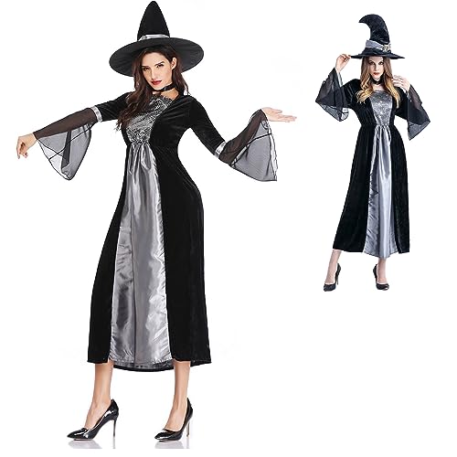 easedeco Halloween Luxus Böse Hexe Kostüm für Frauen Frauen mit Hut und Choker für Halloween Cosplay Lange Zauberin Klassisches Kleid von easedeco