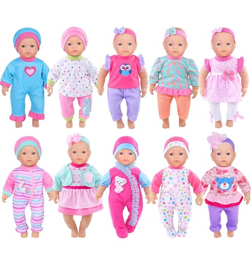 10-Sätze Babypuppe Spielzeit Outfits Kleidung Hut Stirnband Passt für 30-36CM Neugeborene Babypuppen Jungen Mädchen (Keine Puppe) von ebuddy