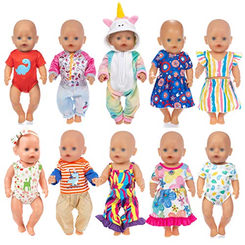 ebuddy 10 Sets fertiggestellt Verschiedene Puppenkleidungszubehörteile für 43 cm Neugeborene Babypuppen enthalten Kleid, Uniforn Strampler, Outfits, Bikini von ebuddy