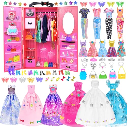 11.5 Zoll Mode Mädchen Puppe Schrank Gesamtspielset 145pc umfassen Kleiderschrank Kleidung und Zubehör wie Prinzessin Kleid Schuhe Handtasche Halskette und DIY Aufkleber Dekoration von ebuddy