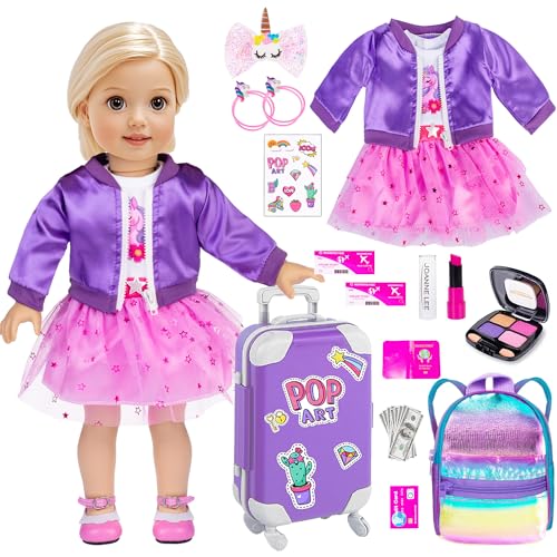 ebuddy 24pcs American 45,7 cm Reisekoffer Puppe Kleidung und Zubehör Set Enthält Mantel Kleid Rucksack Aufkleber Bargeld Spielzeug (Keine Puppe), UK-001 von ebuddy