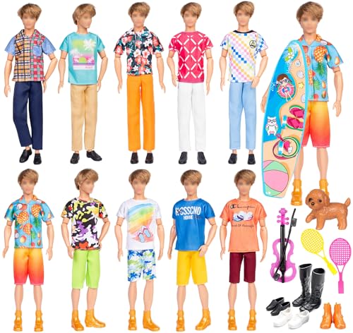 29pcs Puppenkleidung und Zubehör für 12 Zoll Jungen Puppen umfassen 10-Tops,5 Hosen,5 Shorts,4 Schuhe,2 Schläger,1 Surfbrett,1 Hund,1 Violine (Keine Puppe) von ebuddy