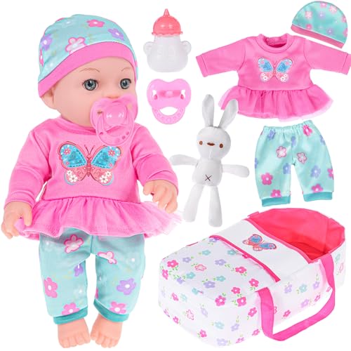 30cm / 12-Zoll Babypuppe mit Outfits, Fütterung, Nippel, Kaninchenspielzeug und Einer Handwiege (inklusive Puppe) von ebuddy