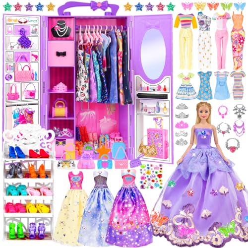 91pcs 11.5 Zoll Mädchen Puppe mit Kleidung Zubehör und Schrank, Prinzessin Mode Kleider, Outfits ,Badeanzüge, Schuhe, Kleiderbügel, Puppe Dress Up Spielzeug für Mädchen Geschenke (einschließen Puppe) von ebuddy