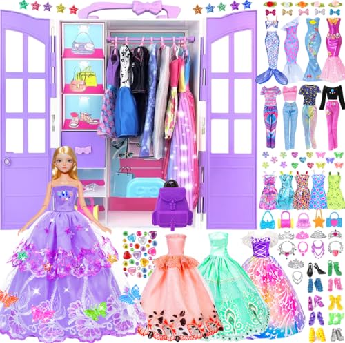 92pcs 11.5 Zoll Mädchen Puppe mit Kleidung Zubehör und Schrank Set einschließlich Lange Prinzessin Kleid Outfits Schuhe Handtaschen Halsketten DIY Perlen Aufkleber (einschließen Puppe) von ebuddy