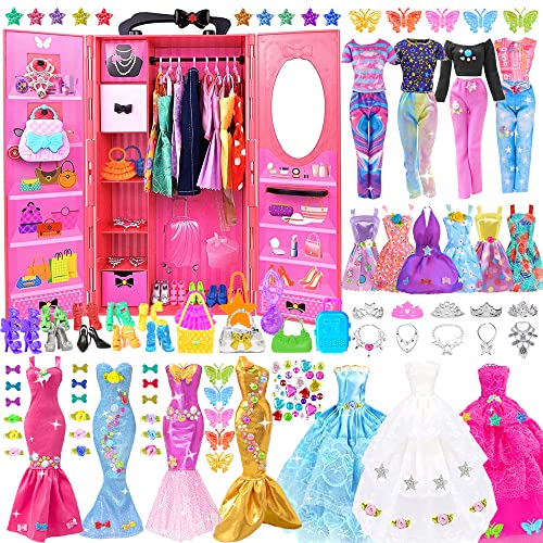 146pc Puppe Kleiderschrank und Puppenzubehör für 11.5 Zoll Puppe Mode Design Kit Mädchen Puppe Dress Up Inklusive Brautkleid Outfits Schuhe Kleiderbügel Taschen Halsketten Aufkleber von ebuddy