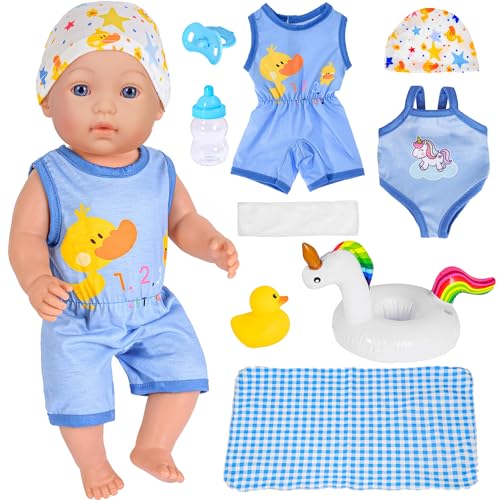 ebuddy 9-teiliges Zubehör-Set für Puppenkleidung mit Strampler, Bikini, Hut, Handtuch, Decke, Nippel, Flasche, Schwimmring, Entenspielzeug für 43 cm große Neugeborene Babypuppen (Keine Puppe) von ebuddy